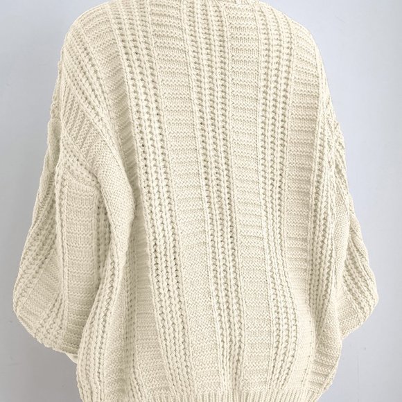 Beige Casual Womens Solid Button Front Cable Knit Cardigan - Picture 2 of 5